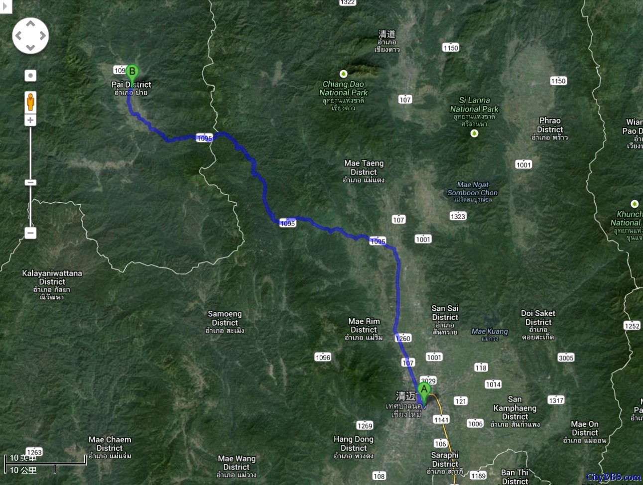 清迈去PAI县公路路线地图
