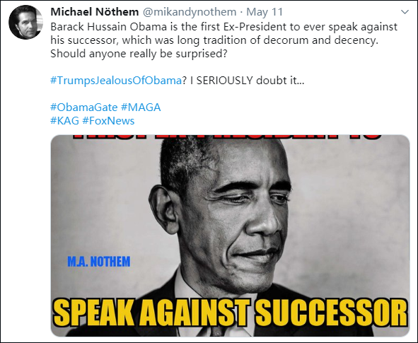 遭特朗普攻击后奥巴马推特上直接用一词回击