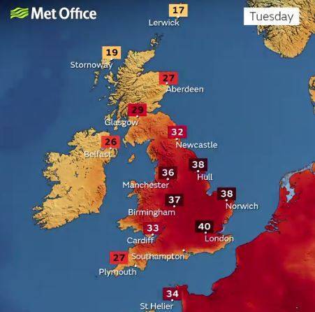 英国气象局发布的19日气温预测，伦敦已达到40度