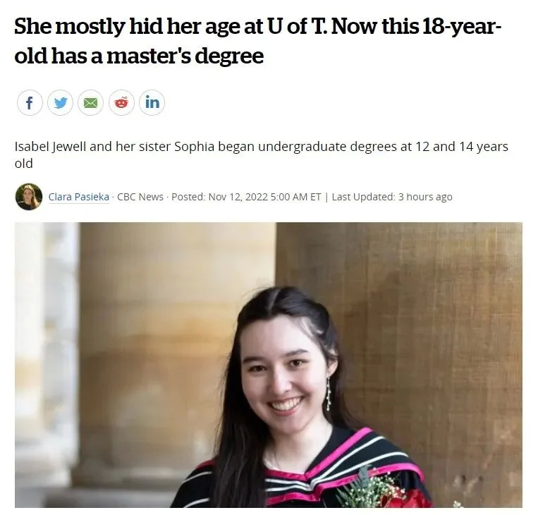今年18岁的Isabel Jewell和她的姐姐Sophia Jewell本周都从多伦多大学毕业了，获得文学硕士学位 ...