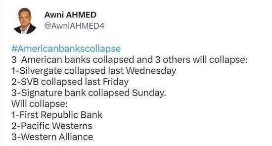Nexities的CEO Awni Ahmed在3月时曾发表过一份在当时颇为热门的推文，表示“只要包括硅谷银行在内的3家银行 ...