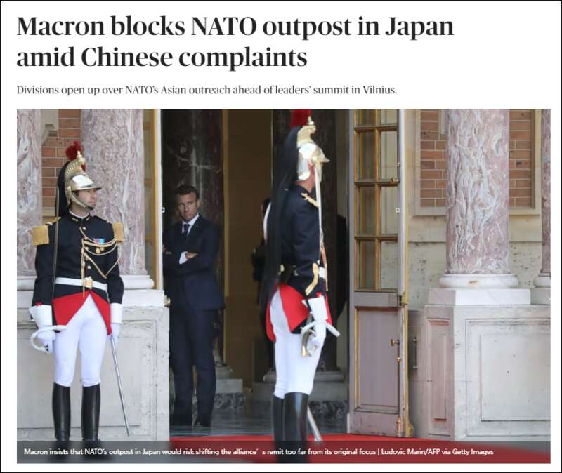 在中国不满之际，马克龙反对北约在日设立前哨基地