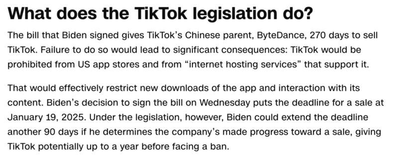 拜登总统签署了一项法案，根据该法案，如果 TikTok（海外版抖音）的中国母公司字节跳动不出售其美国业务， ...