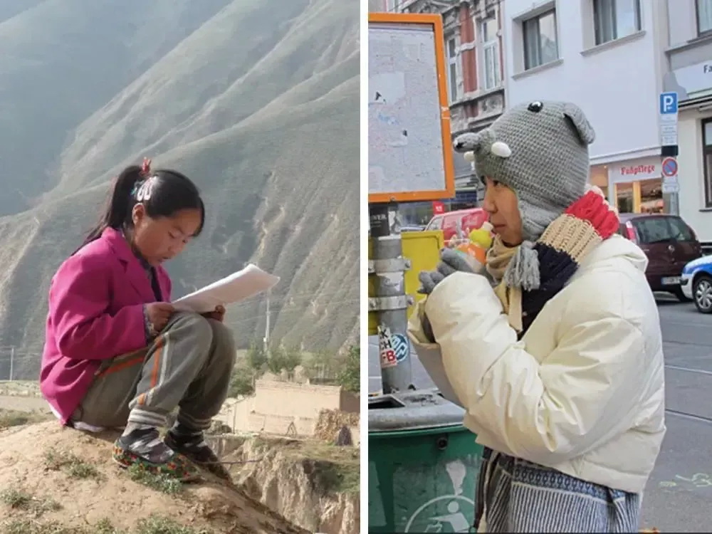 左：来自甘肃马百娟在做完农活后读书，右：北京女孩袁晗寒辍学后在父母资助下，在游历欧洲 ...