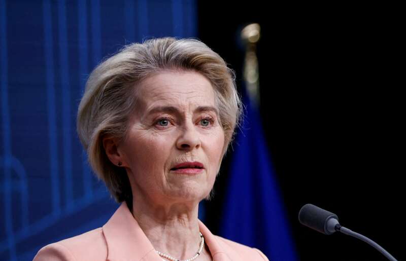 欧盟委员会主席冯德莱恩（Ursula von der Leyen）在布鲁塞尔出席记者会